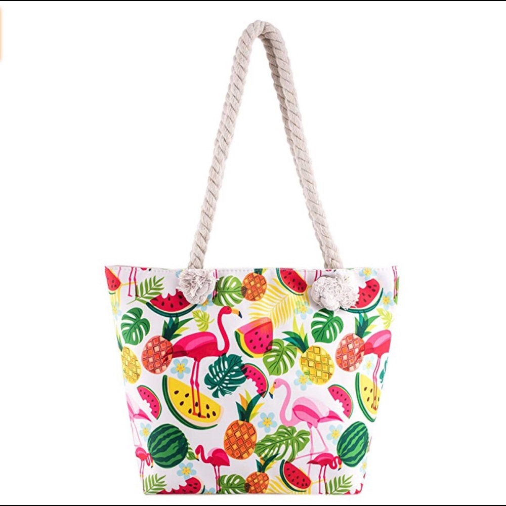 Flamingo and Melon Tropical Beach Tote Bag